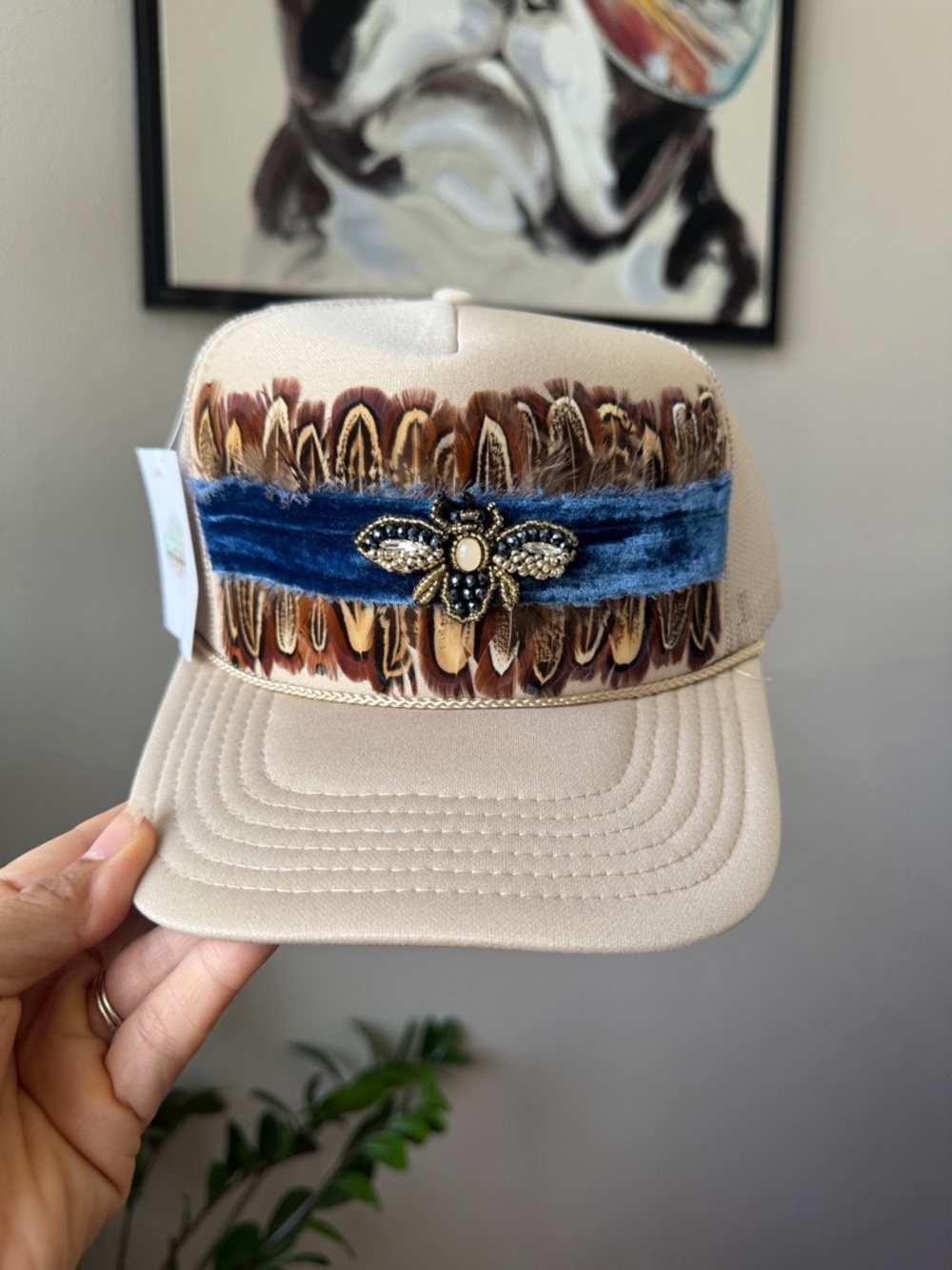 F1 Khaki/Blue - Ribbon Bee & Feather Trucker Hat